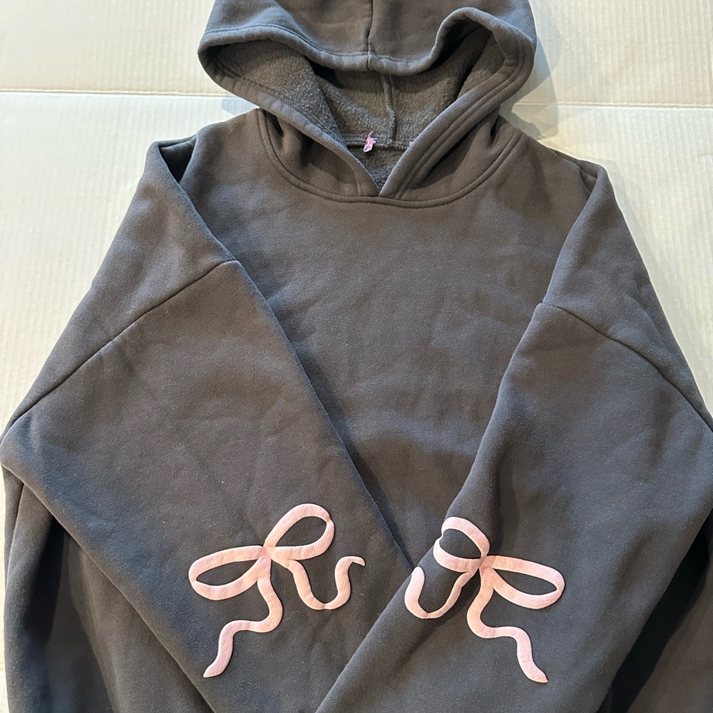 Gray Hoodie with Pink Ribbon Detail